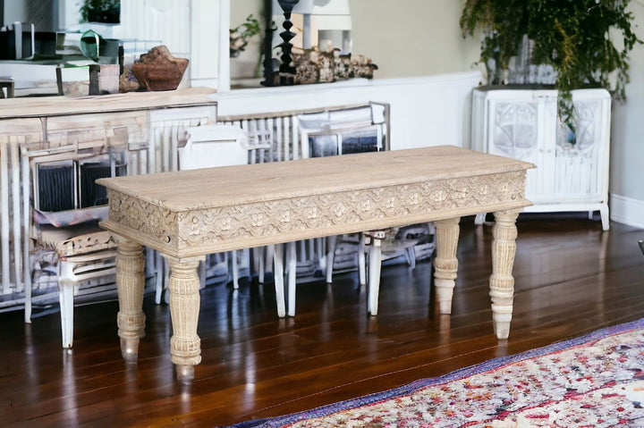 58" White Distressed Solid Wood Dining bench