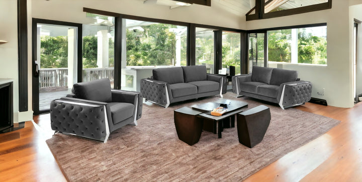 Three Piece Indoor Dark Gray Velvet Six Person Seating Set