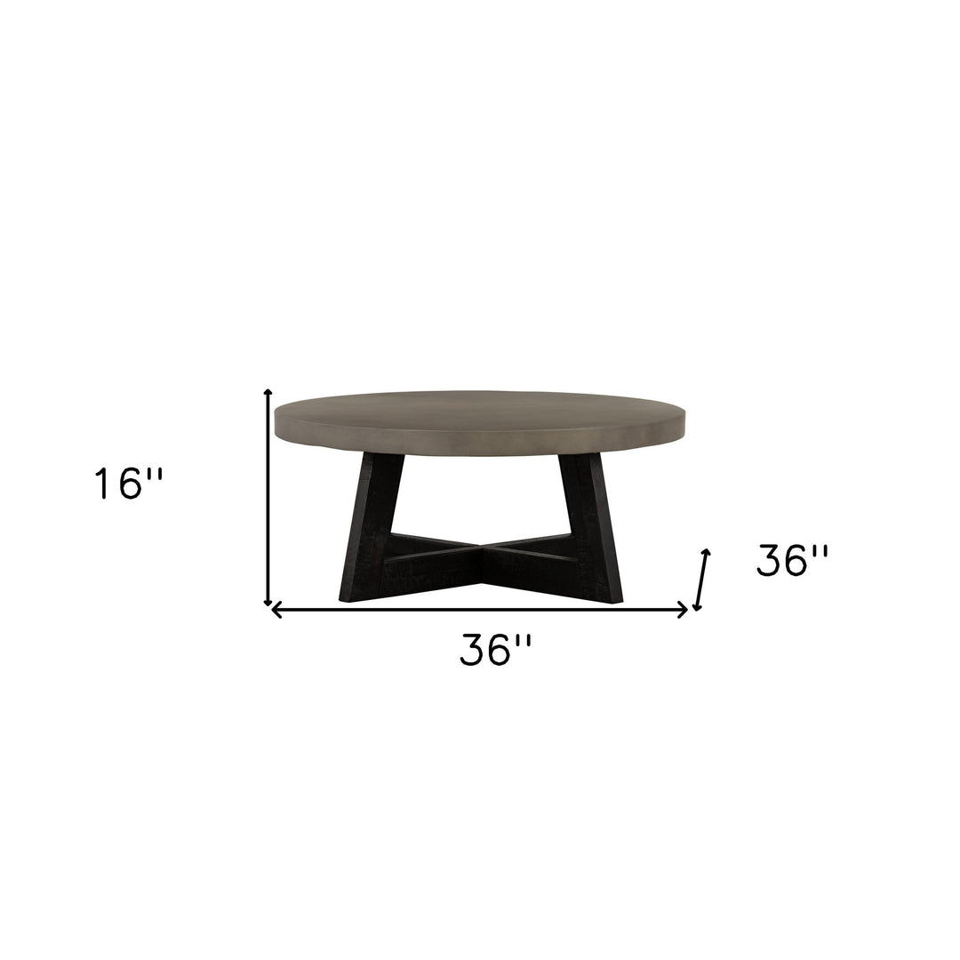 36" Gray And Black Concrete And Solid Wood Round Coffee Table