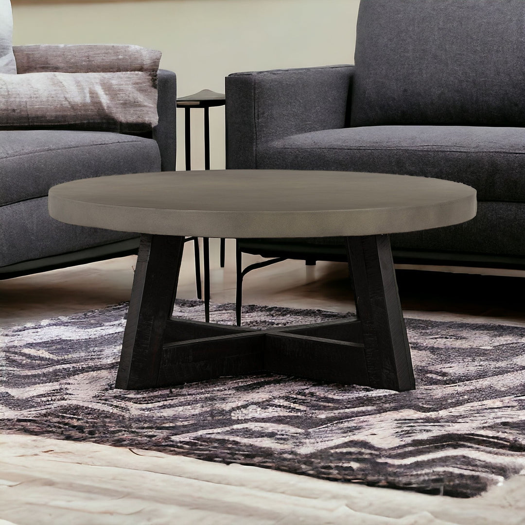 36" Gray And Black Concrete And Solid Wood Round Coffee Table