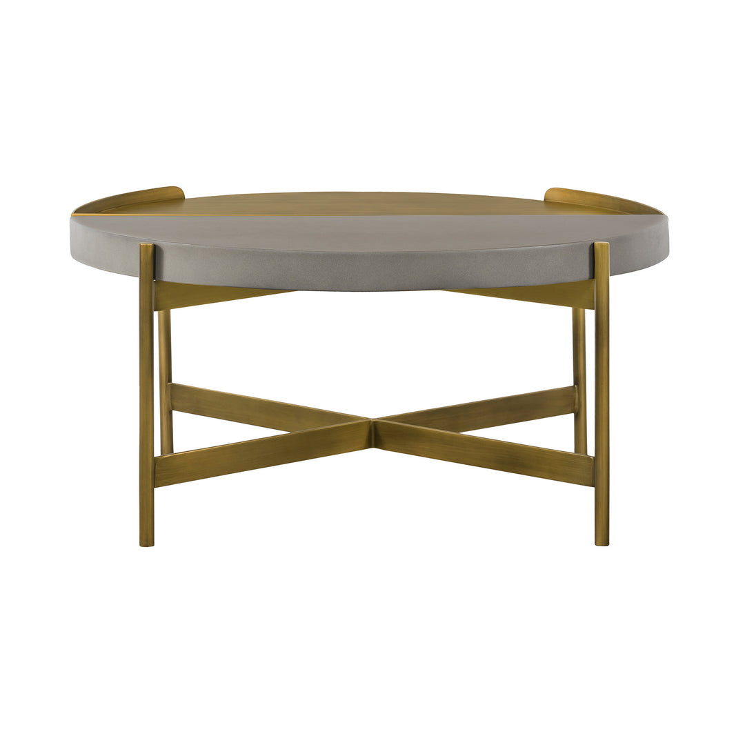 32" Brass Concrete And Brass Round Coffee Table