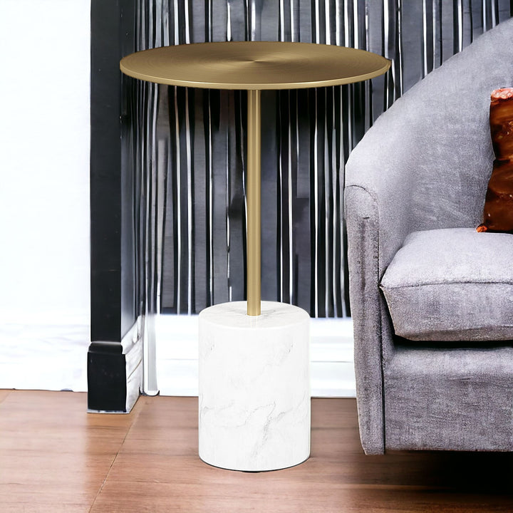 20" White And Gold Steel Round Pedestal End Table