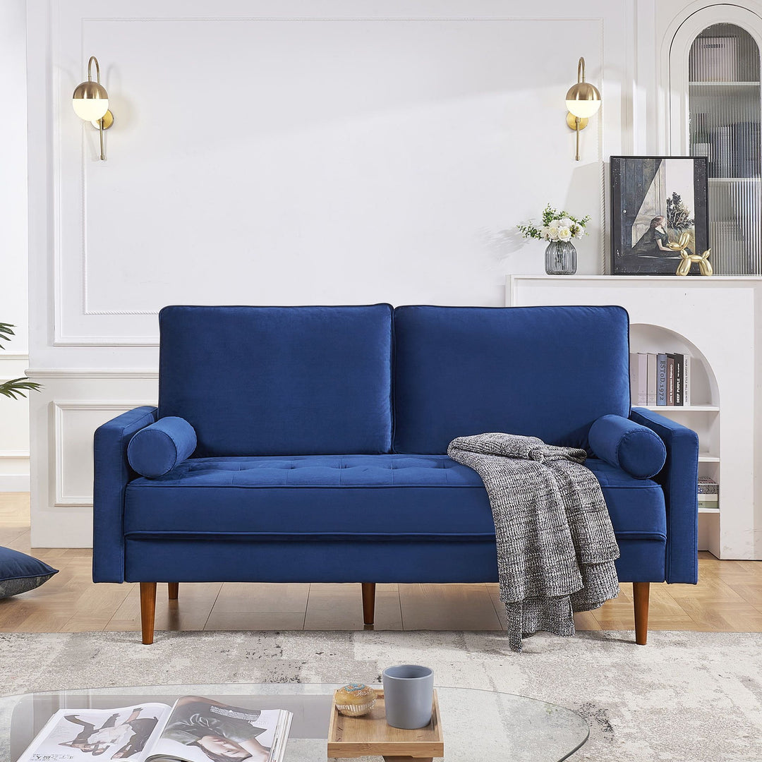 69" Blue Velvet and Dark Brown Sofa and Toss Pillows