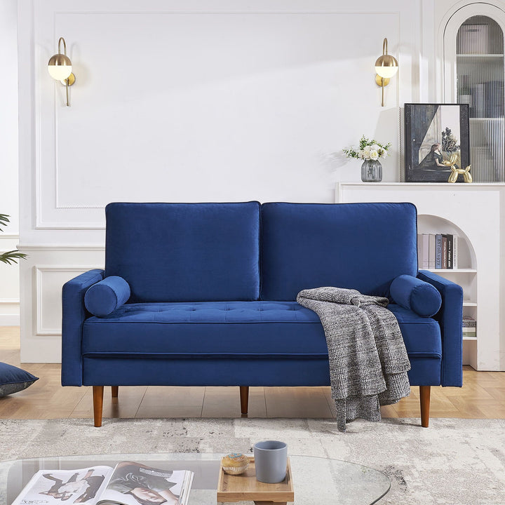 69" Blue Velvet and Dark Brown Sofa and Toss Pillows