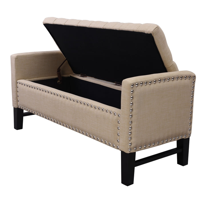 50" Beige and Black Upholstered Linen Bench with Flip top, Shoe Storage