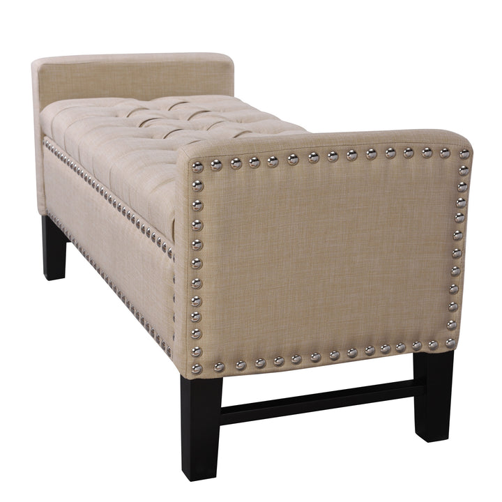 50" Beige and Black Upholstered Linen Bench with Flip top, Shoe Storage