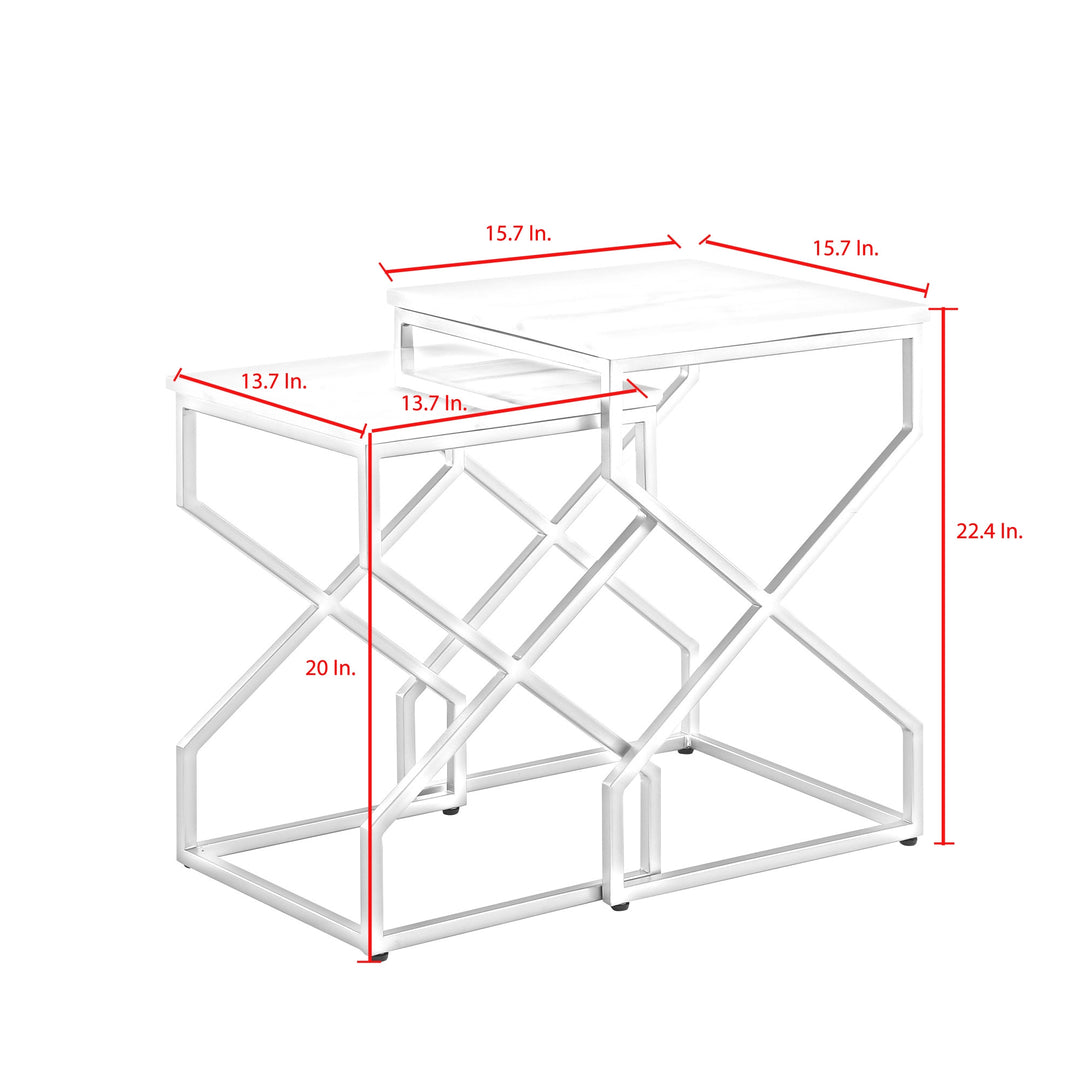 Set of Two 22" Silver and White Marble Nested Tables