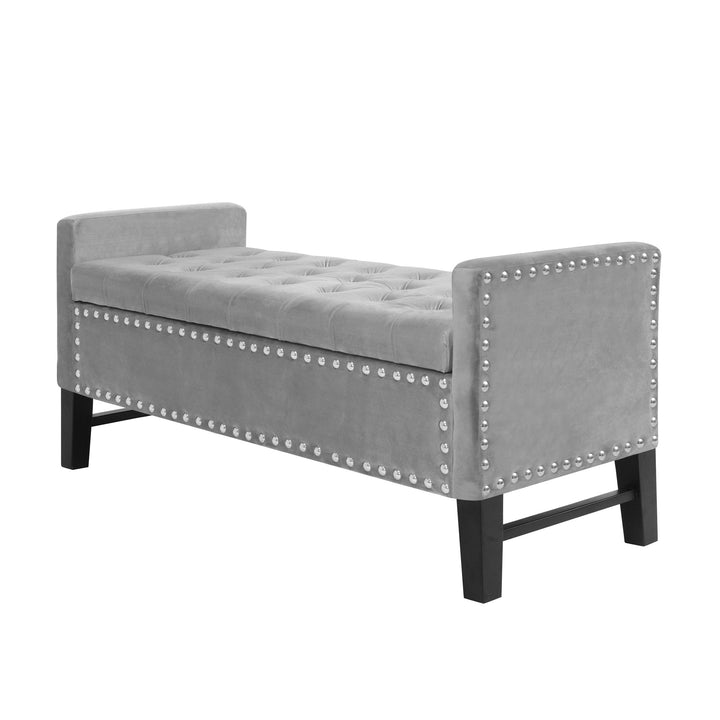 50" Light Gray and Black Upholstered Velvet Bench with Flip top, Shoe Storage