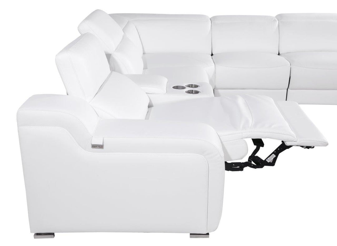 White Italian Leather Power Reclining Curved Eight Piece Corner Sectional With Console