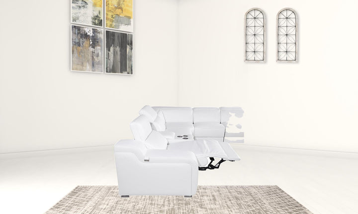 White Italian Leather Power Reclining Curved Eight Piece Corner Sectional With Console