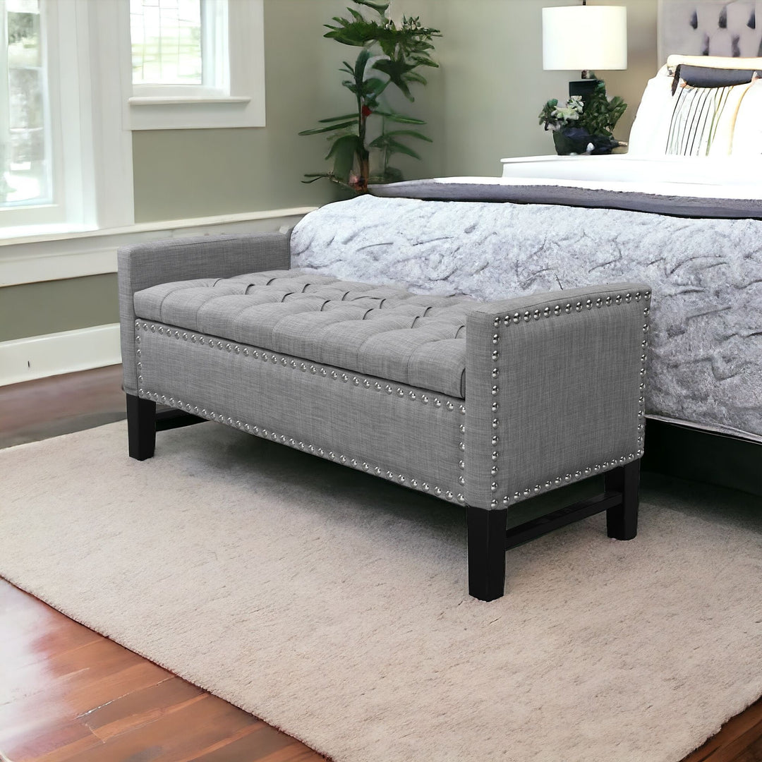 50" Light Gray and Black Upholstered Linen Bench with Flip top, Shoe Storage