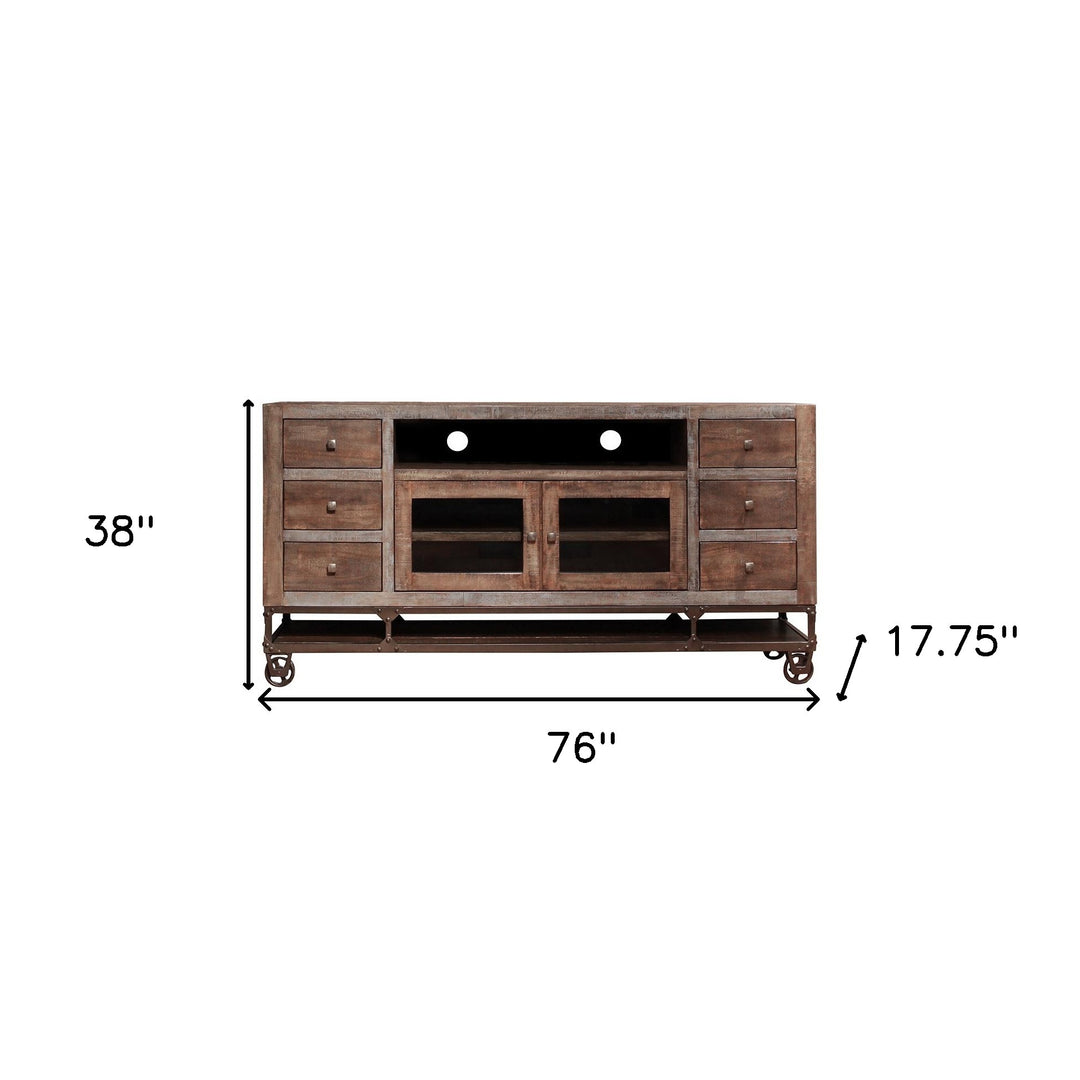 76" Brown Solid Wood Cabinet Enclosed Storage Distressed TV Stand