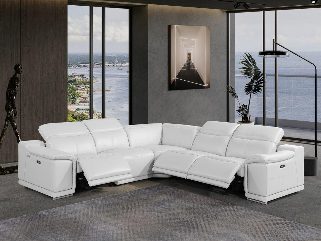 White Italian Leather Power Reclining U Shaped Five Piece Corner Sectional With Console