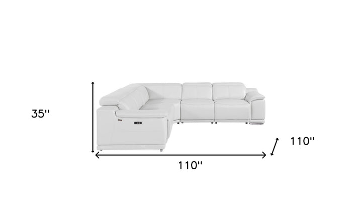 White Italian Leather Power Reclining U Shaped Five Piece Corner Sectional With Console