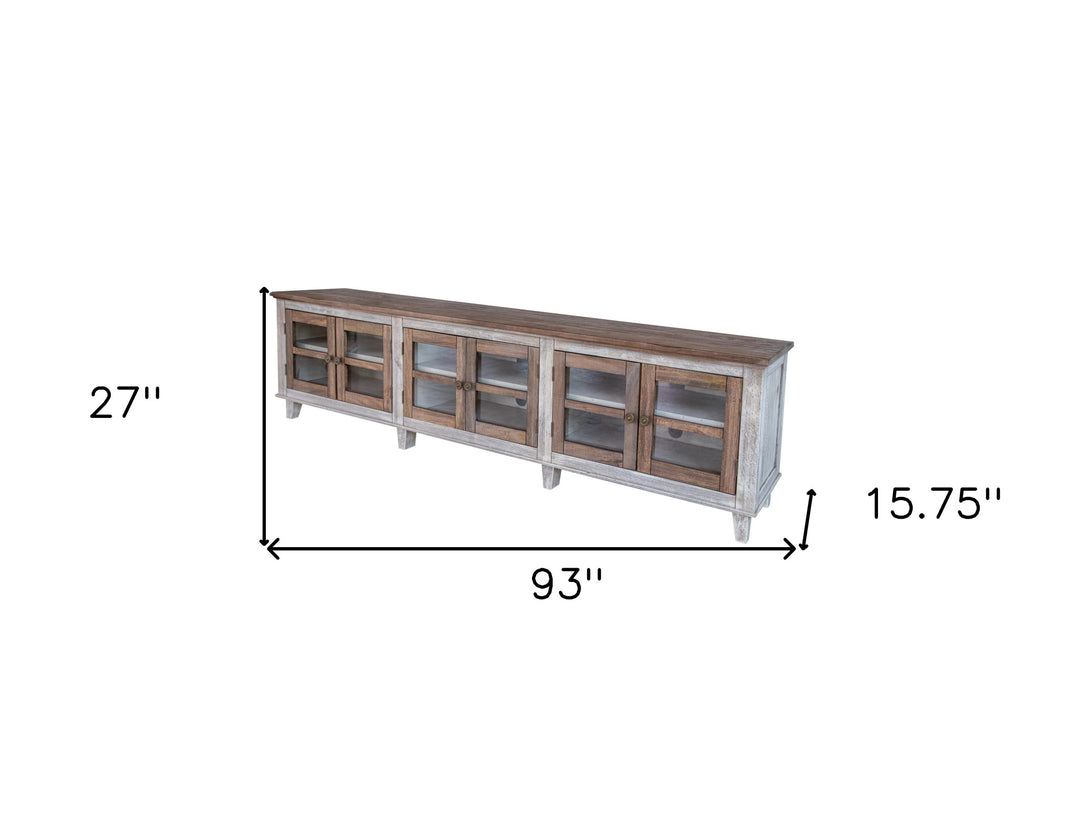 93" Gray and Ivory Solid Wood Cabinet Enclosed Storage Distressed TV Stand