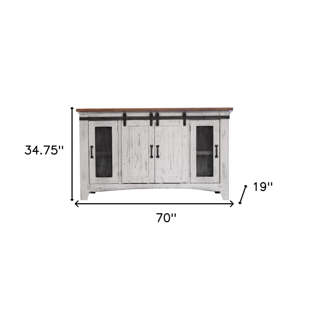 70" White Solid Wood Cabinet Enclosed Storage Distressed TV Stand