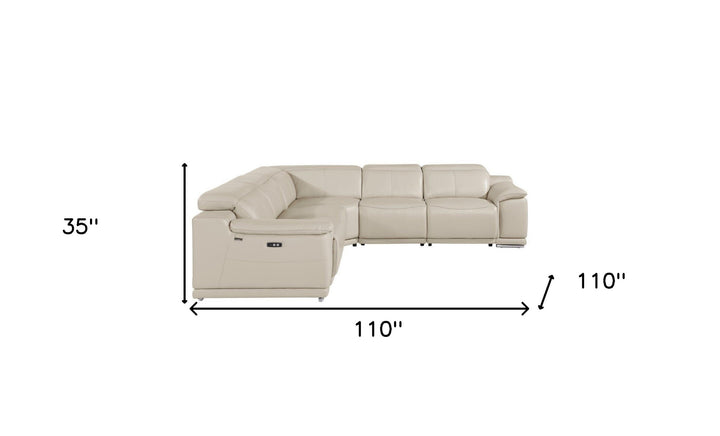 Beige Italian Leather Power Reclining U Shaped Five Piece Corner Sectional With Console