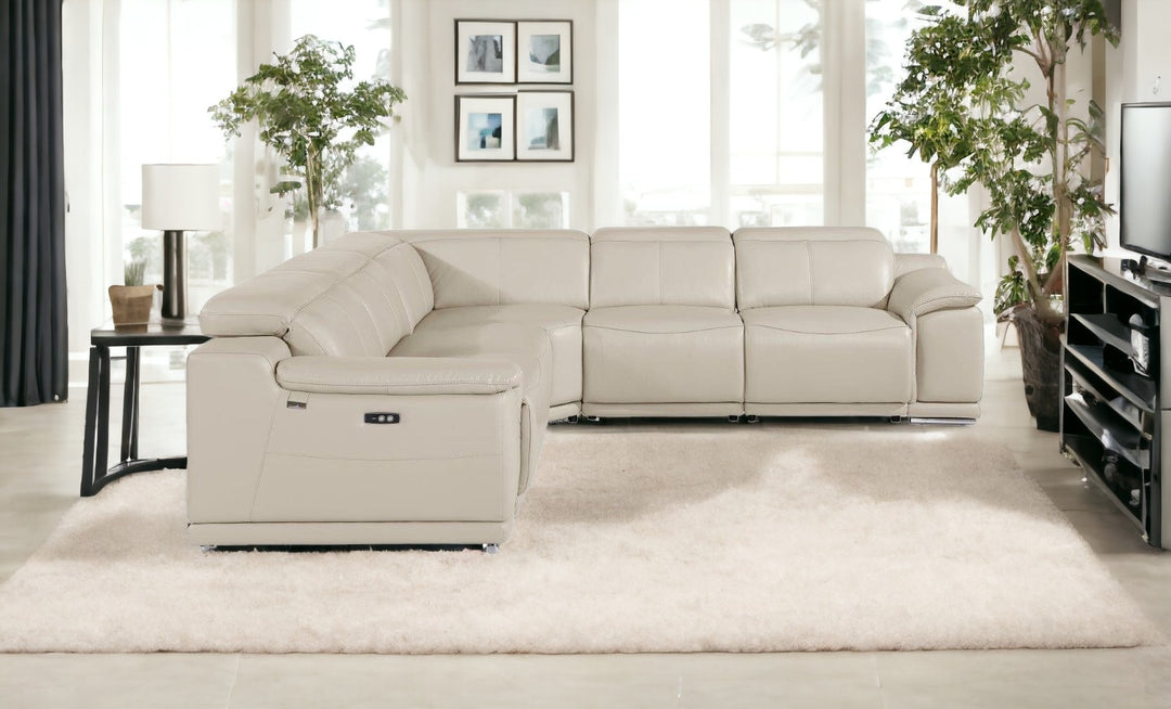 Beige Italian Leather Power Reclining U Shaped Five Piece Corner Sectional With Console