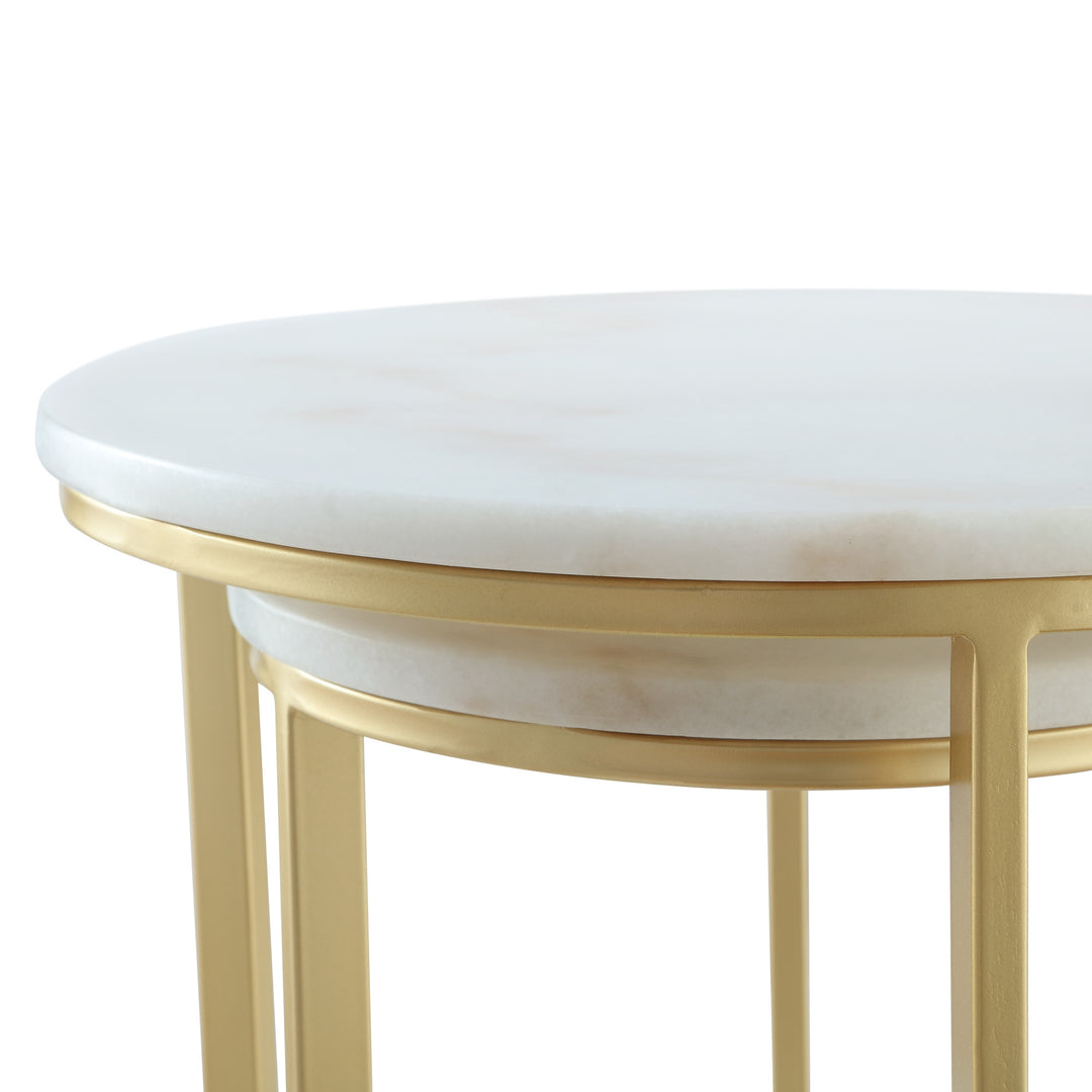 Set of Two 22" Gold and White Marble Round Nested Tables