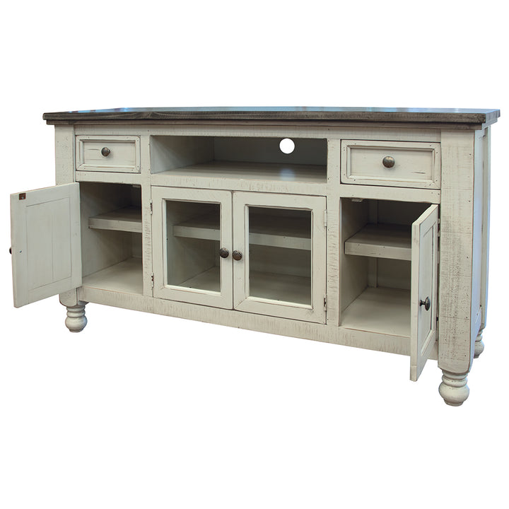 79" Ivory Solid Wood Open shelving Distressed TV Stand