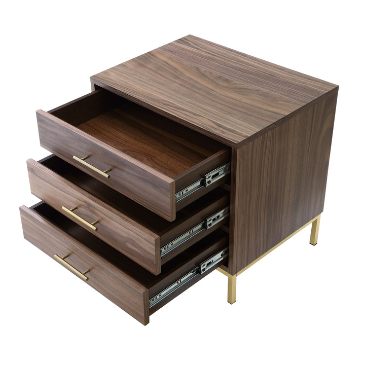 24" Gold and Wood Brown Veneer End Table with Three Drawers