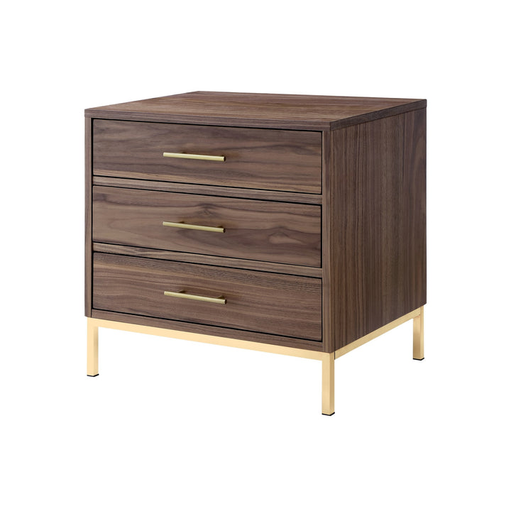 24" Gold and Wood Brown Veneer End Table with Three Drawers