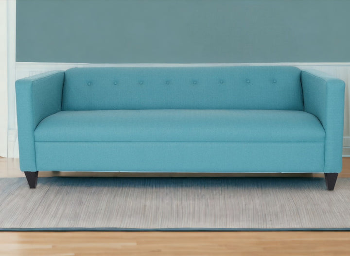 80" Teal Blue Polyester And Dark Brown Sofa