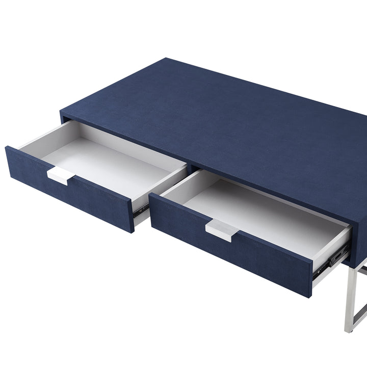 46" Navy Blue And Silver Metallic Stainless Steel Coffee Table With Two Drawers