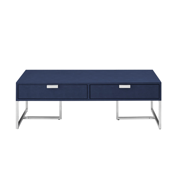 46" Navy Blue And Silver Metallic Stainless Steel Coffee Table With Two Drawers