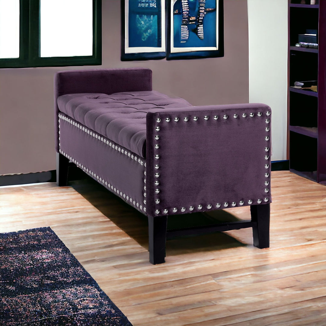 50" Plum and Black Upholstered Velvet Bench with Flip top, Shoe Storage