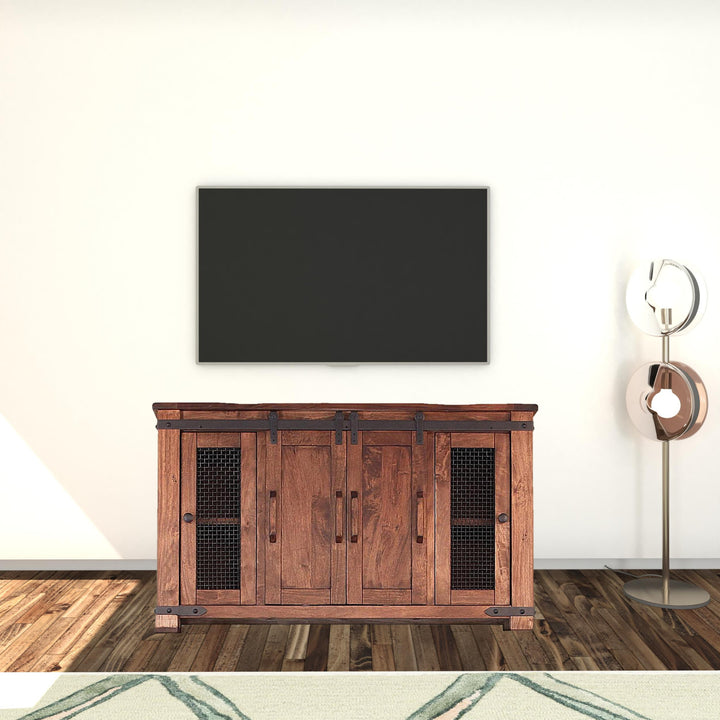 60" Brown Solid Wood Cabinet Enclosed Storage Distressed TV Stand