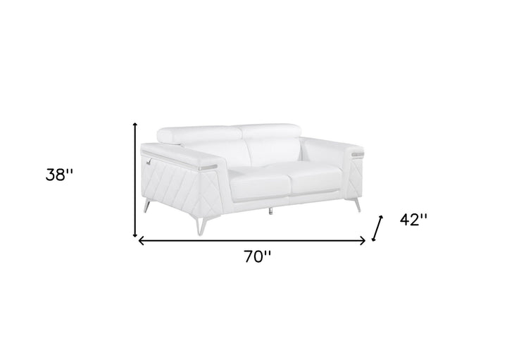 70" White And Silver Metallic Leather Loveseat