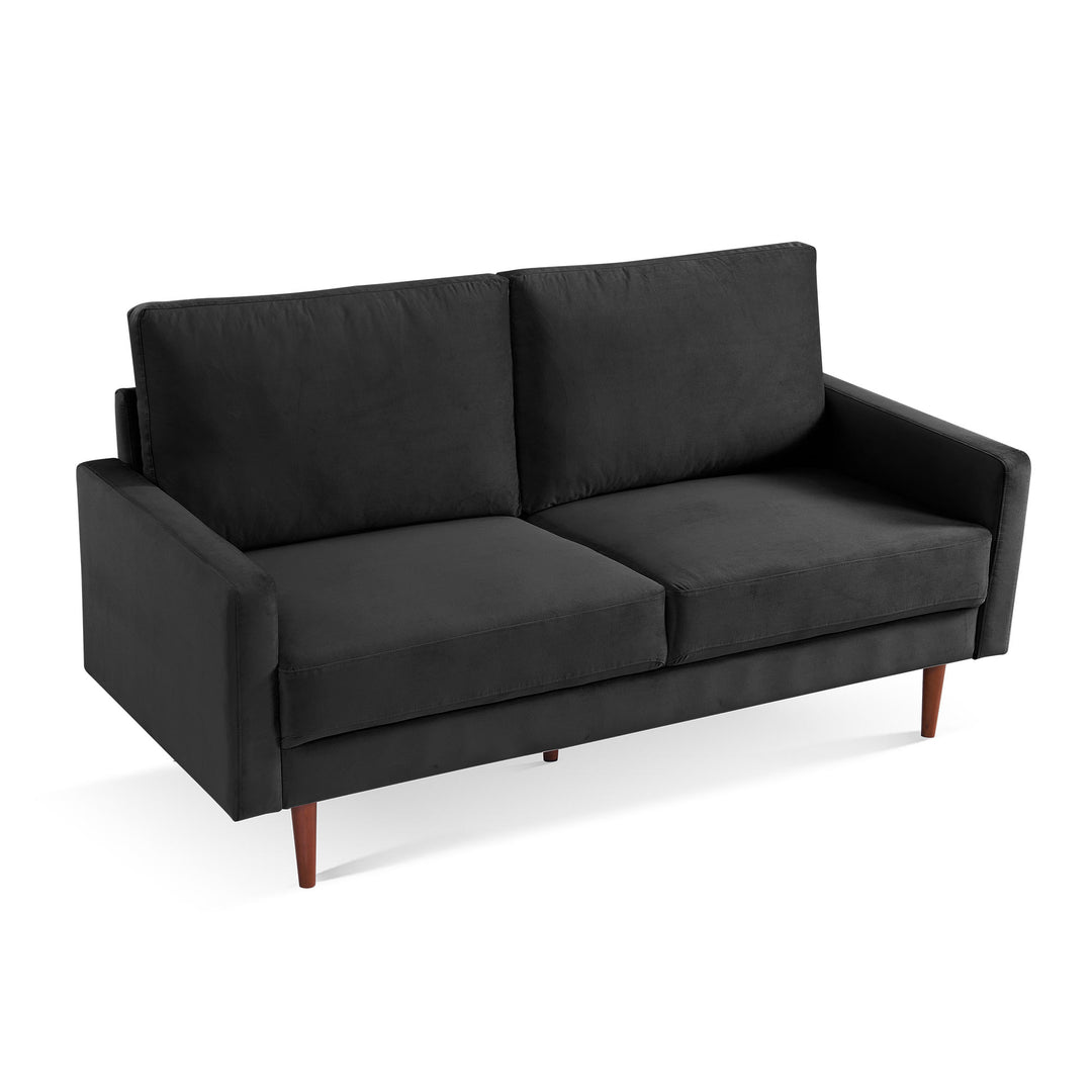 69" Black Velvet and Dark Brown Sofa