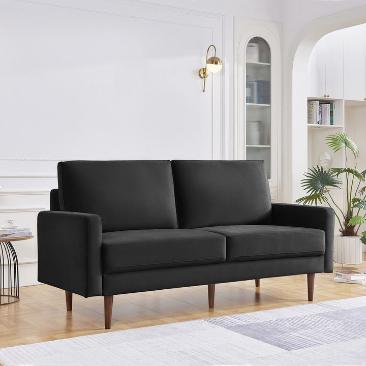 69" Black Velvet and Dark Brown Sofa