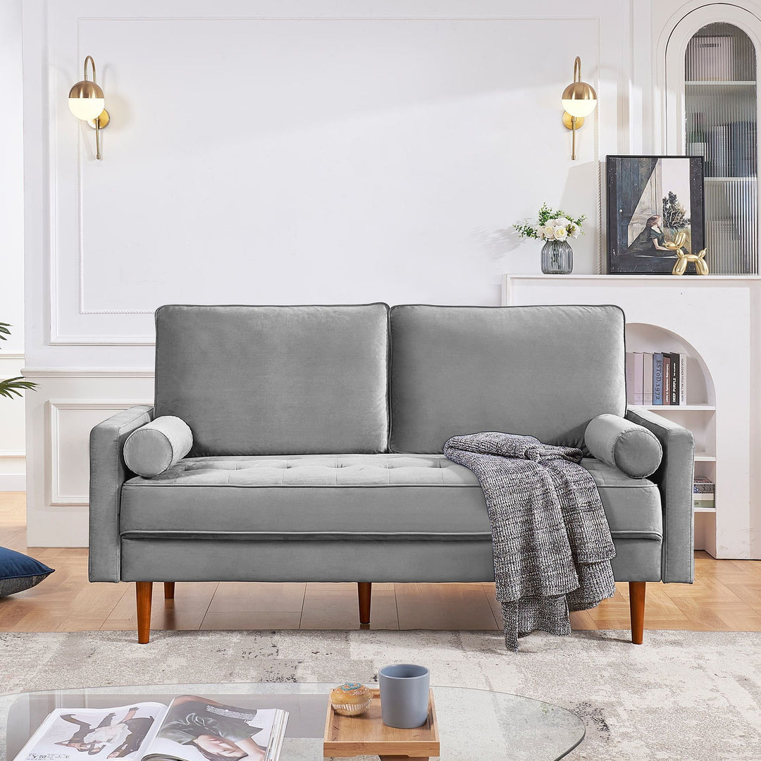 69" Gray Velvet and Dark Brown Sofa and Toss Pillows