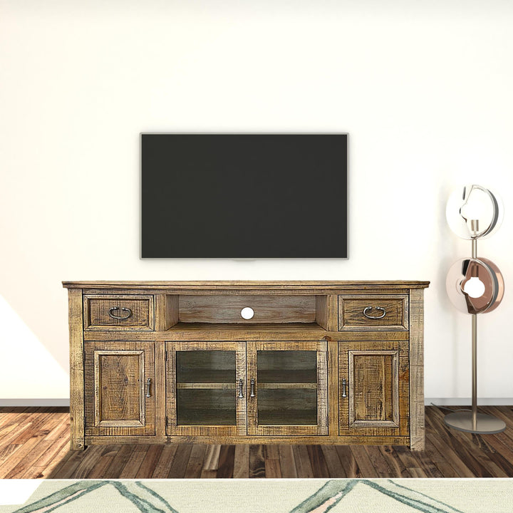 70" Brown Solid Wood Cabinet Enclosed Storage Distressed TV Stand