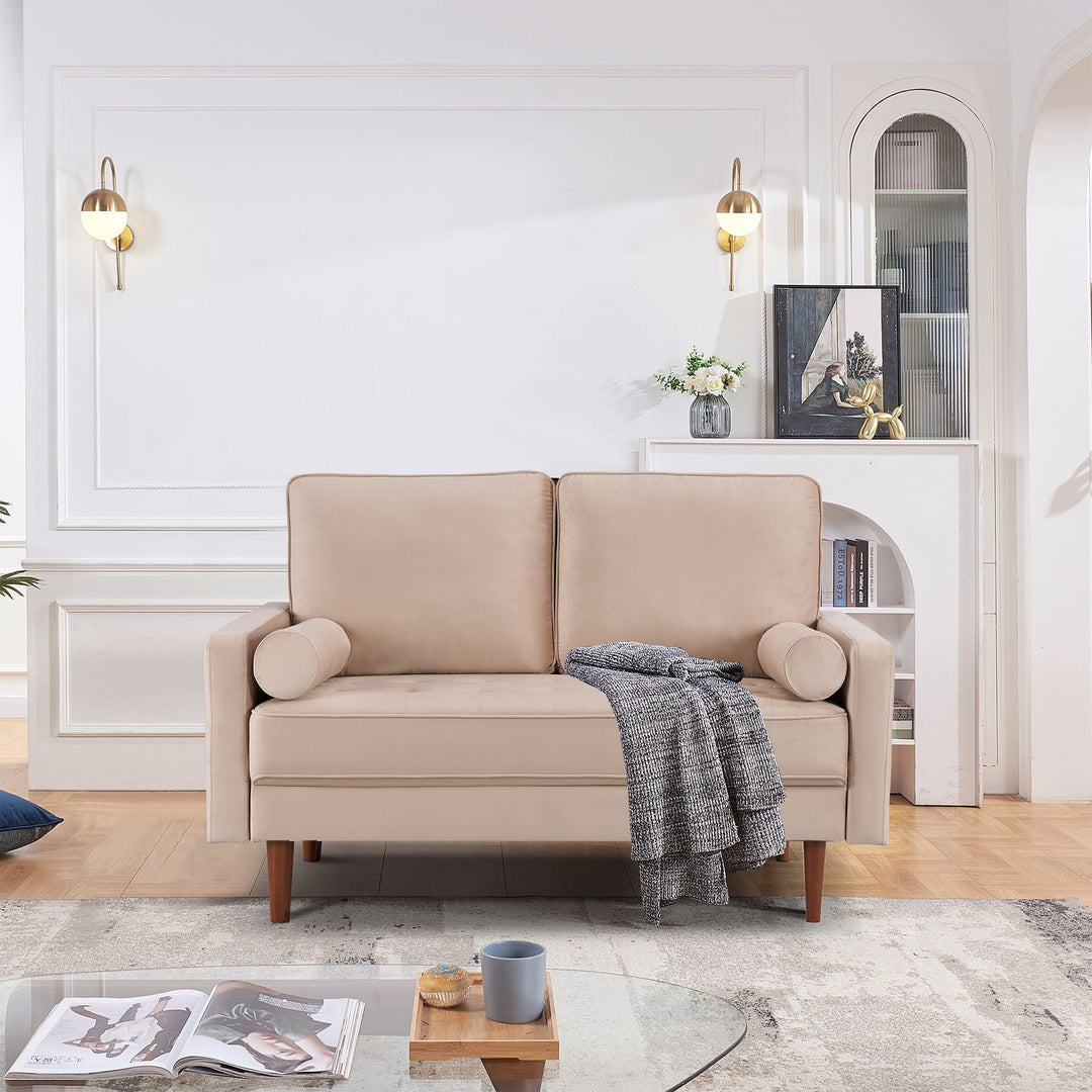 57" Beige And Dark Brown Velvet Loveseat and Toss Pillows