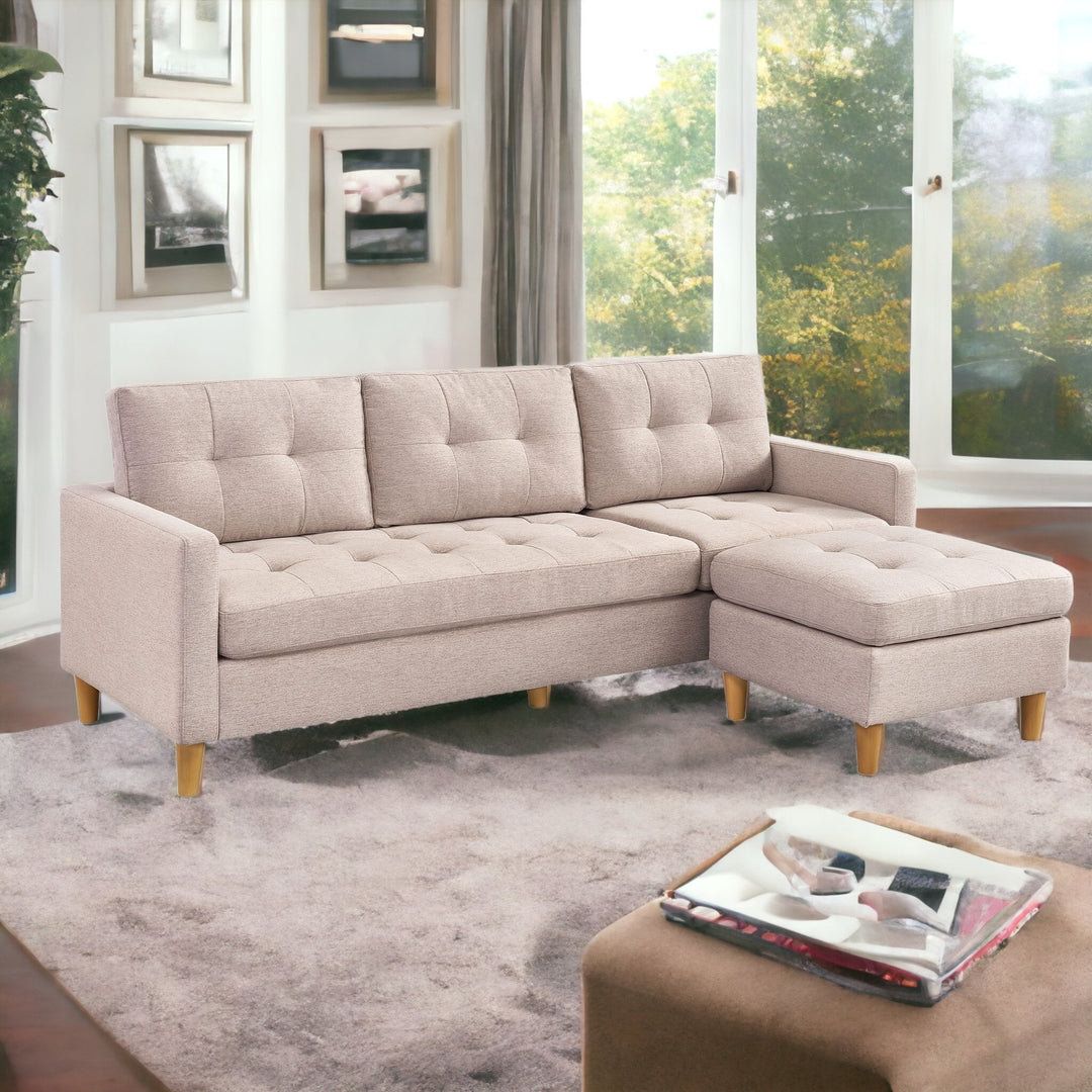 87" Beige Polyester Blend and Natural Sofa with Ottoman