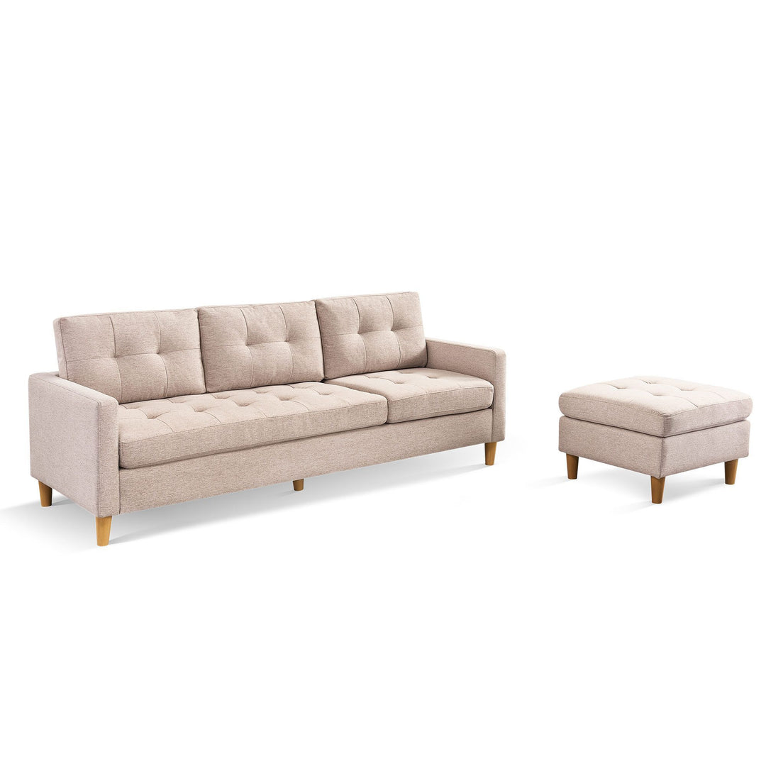 87" Beige Polyester Blend and Natural Sofa with Ottoman