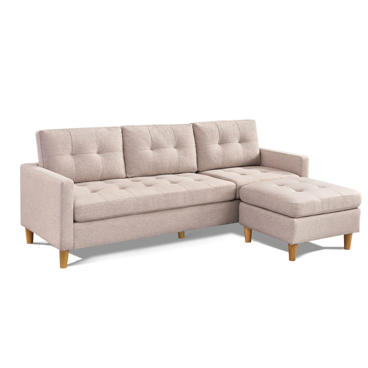 87" Beige Polyester Blend and Natural Sofa with Ottoman