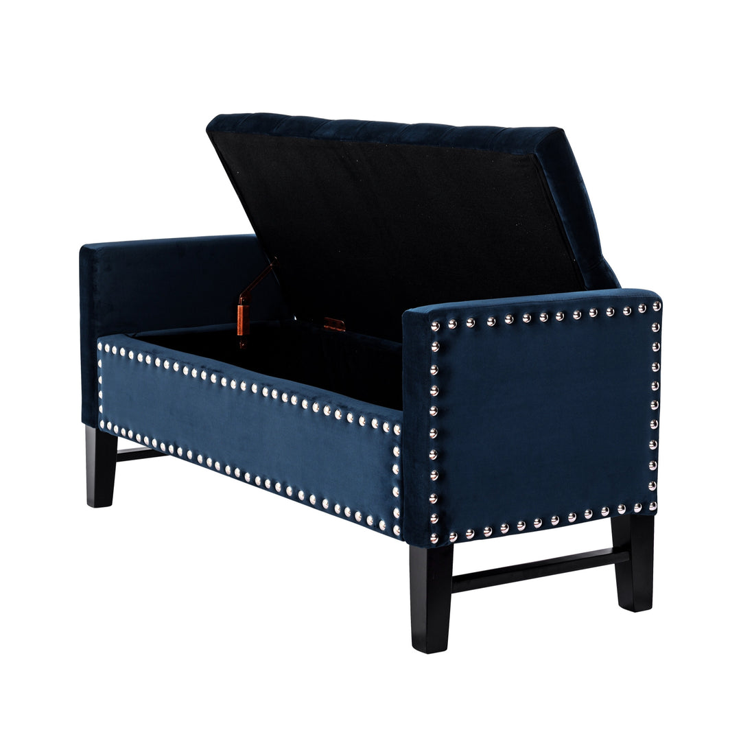 50" Navy Blue and Black Upholstered Velvet Bench with Flip top, Shoe Storage