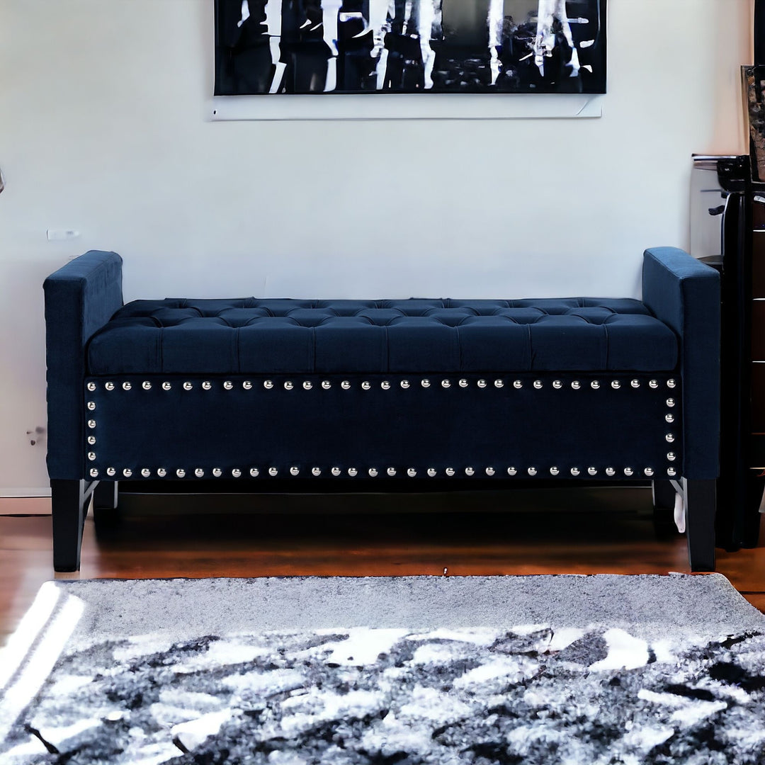 50" Navy Blue and Black Upholstered Velvet Bench with Flip top, Shoe Storage