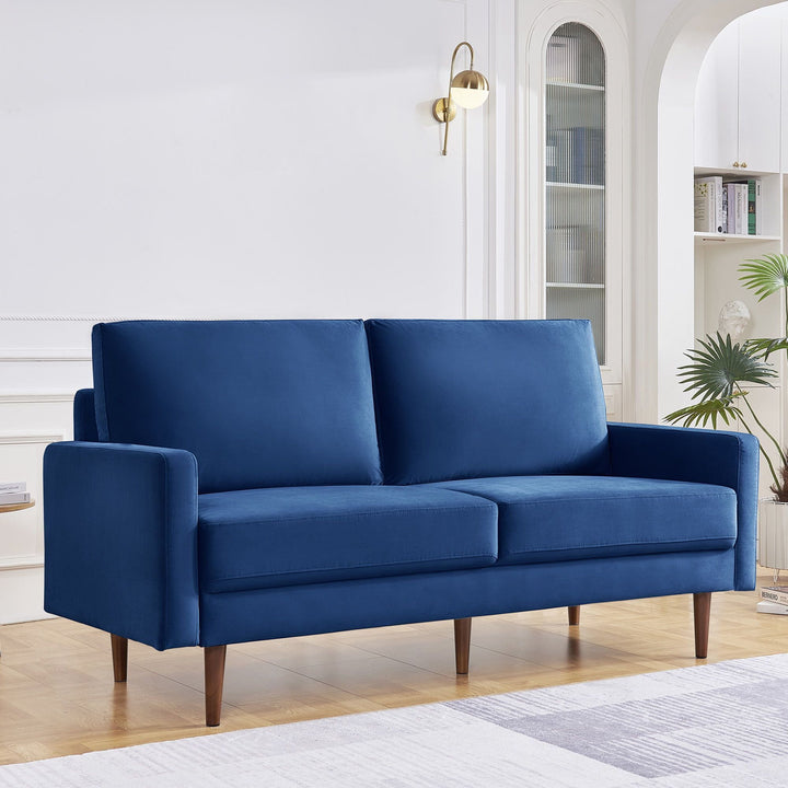 69" Blue Velvet and Dark Brown Sofa