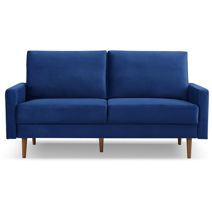 69" Blue Velvet and Dark Brown Sofa