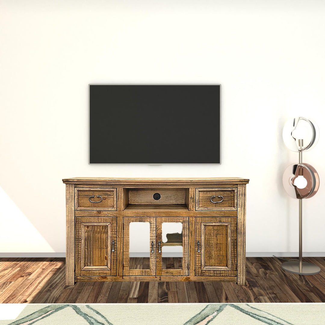 60" Brown Solid Wood Cabinet Enclosed Storage Distressed TV Stand