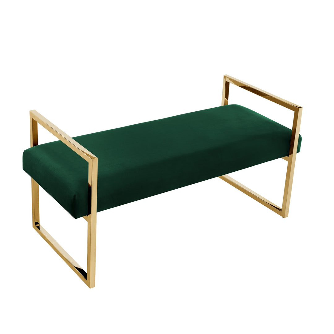 48" Hunter Green and Gold Upholstered Velvet Bench