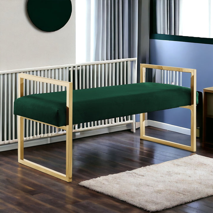 48" Hunter Green and Gold Upholstered Velvet Bench