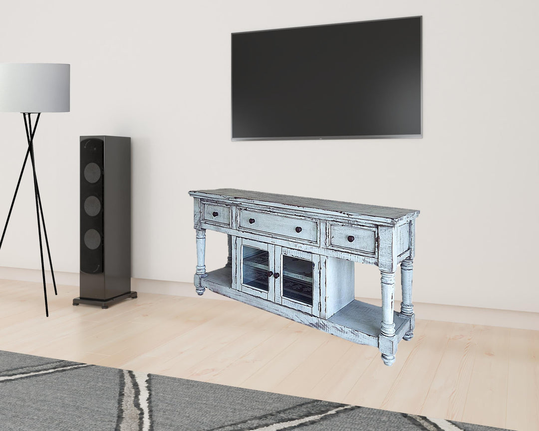 70" Blue Solid Wood Open shelving Distressed TV Stand