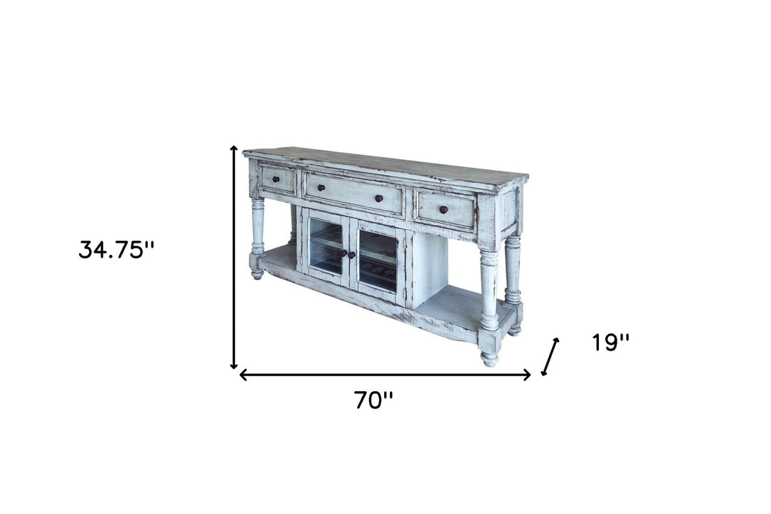 70" Blue Solid Wood Open shelving Distressed TV Stand