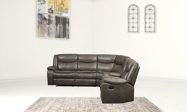 Taupe Faux Leather Reclining L Shaped Six Piece Corner Sectional With Console